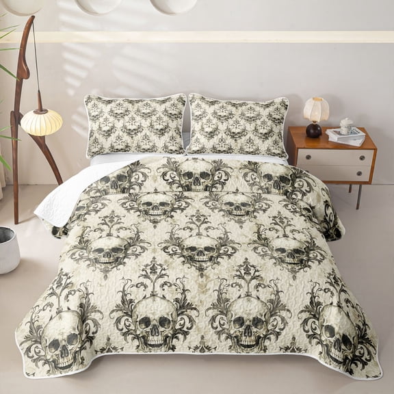 Homewish Boho Skull Skeleton Twin Quilt Set,Hipple Damask Twin Coverlet Set,Beige,2 Pieces