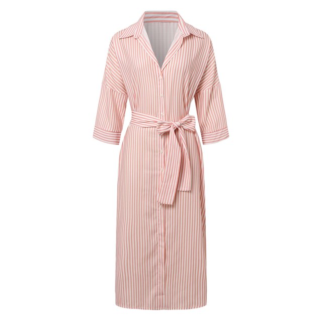 XDZJLR Robes pour Femmes Mode Classique Rayée Bouton Col en V Mi-Longue Chemise Jupe