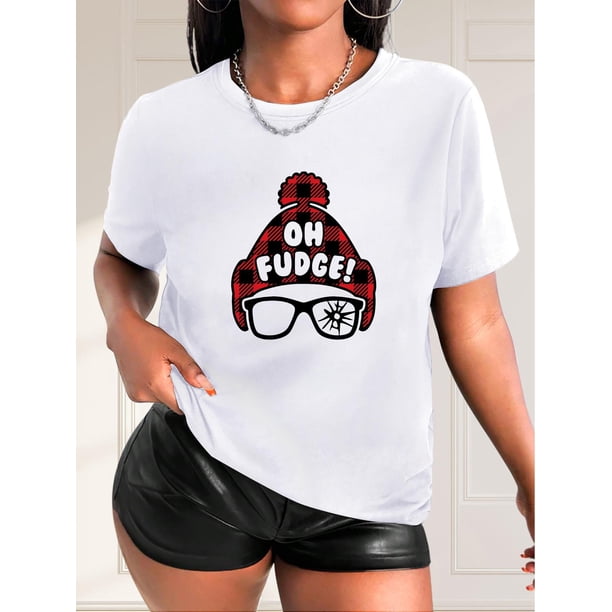 Camiseta para Mujer Traje de VeranoWomen's Casual Fashion Top with Glasses Red Hat Print, Round Neck Short Sleeve T-shirt, Black, AfricanFather's Day, Mother's Day, New Year, Spring Festival, Valent
