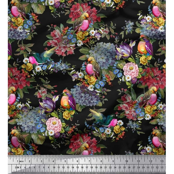 Soimoi Black Cotton Duck Fabric Leaves,Floral & American Robin Bird Print Fabric by Yard 42 Inch Wide