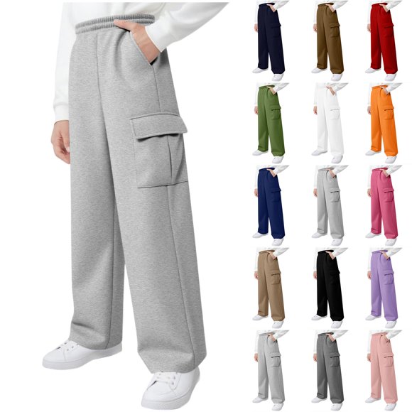 QIUOMBBP Girls Boys Sweatpants Casual Solid Color Elastic Waist Trousers with Multi Pockets Back to School Clothes, White, 14 Years