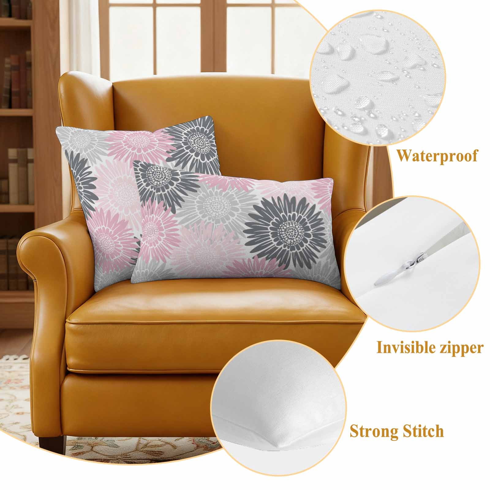 Pink Grey Sunflowers Outdoor Waterproof Throw Pillow Covers 18x18 Set of 2, Boho Rustic Floral Vintage Blossom Decorative Pillowcases Cushion Pillowcase for Couch Sofa Patio Outside Pillow Protector