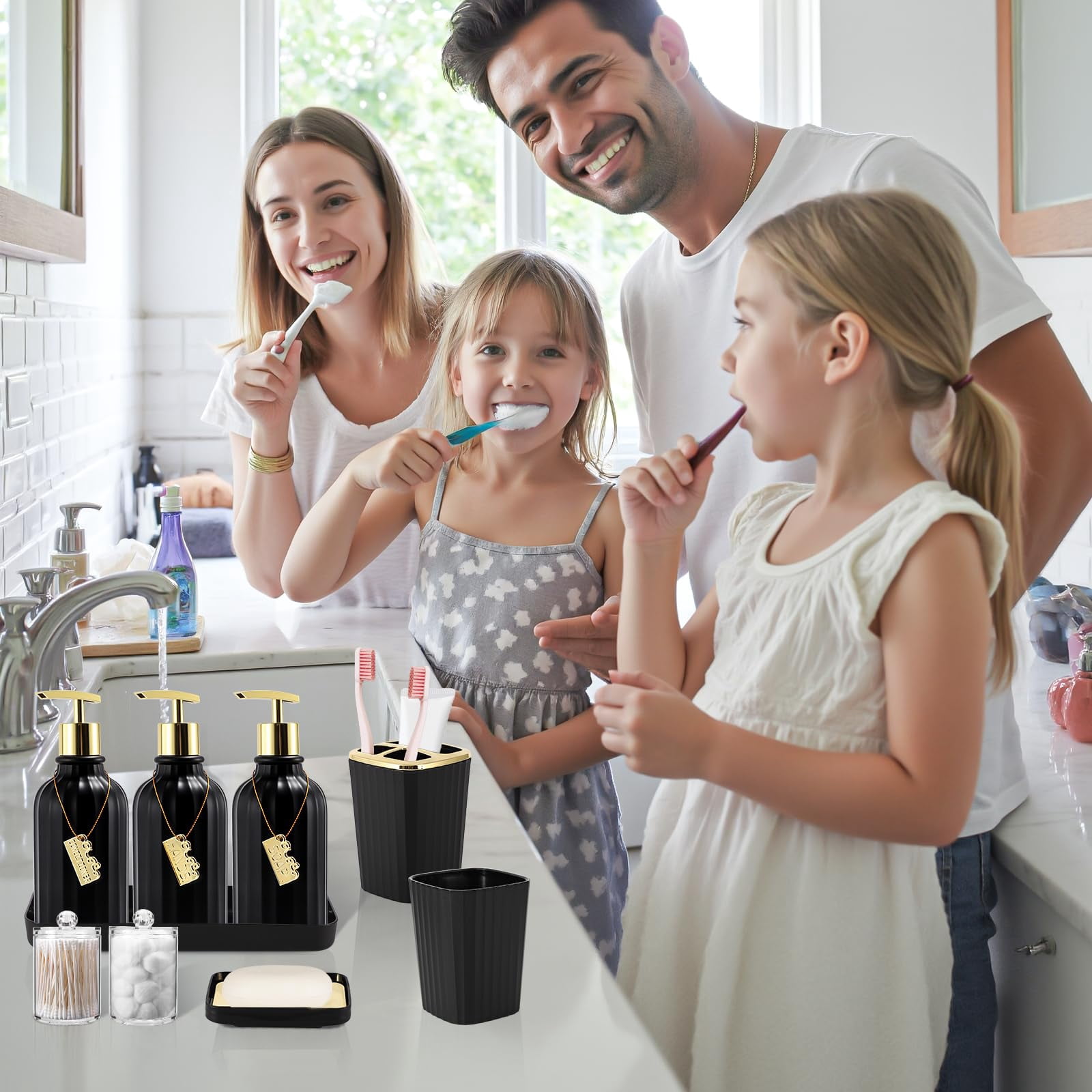 17PCS Bathroom Accessories Bathroom Set Black Bathroom Accessories,Toilet Brush, Trash Can, Qtip Holder Dispenser& 3PCS Soap Dispenser