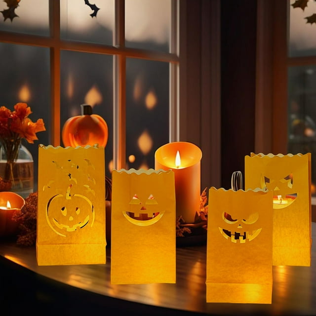 Bolso de velas luminosas de calabaza de Halloween | Farol electrónico sin llama | Papel ignífugo | Amarillo 15x26cm | Soporte seguro para velas de té en patios, porche y fiestas de pasarela