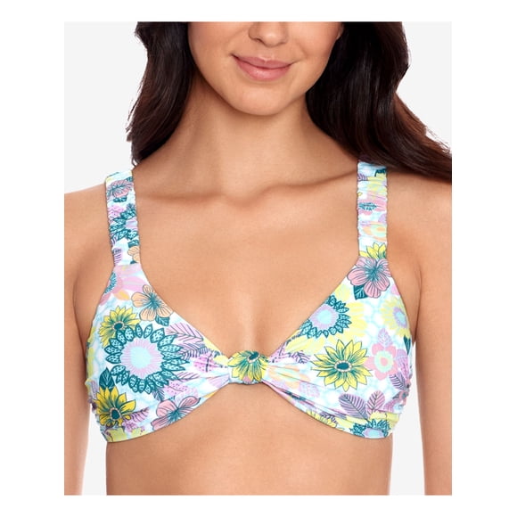 SALT + COVE Women's Light Blue Printed Stretch Knot-Front Bikini Scruncie Strap Deep V Neck Bralette Swimsuit Top M