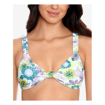 SALT + COVE Women s Light Blue Printed Stretch Knot-Front Bikini Scruncie Strap Deep V Neck Bralette Swimsuit Top M