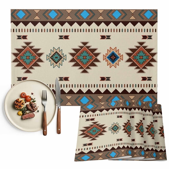Brown Turquoise Southwest Texture Placemats Set of 8, Tribal Geometric Pattern Table Mats Washable Heat-Insulation Non-Slip Place Mats for Kitchen Dinner Table Indoor Outdoor Decor,13x19 Inch