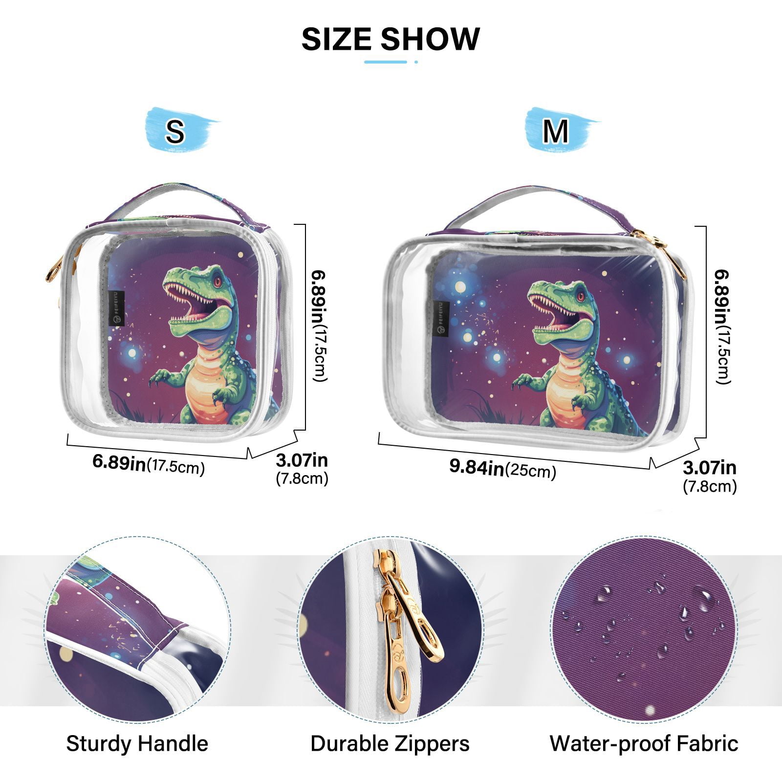 Clear Makeup Bags with Handle Large Opening 2 Pack Set Toiletry Bag Quart Size Bag, for Women Man Traveling Travel Essentials, Toiletries and Other. Dinosaur Cute