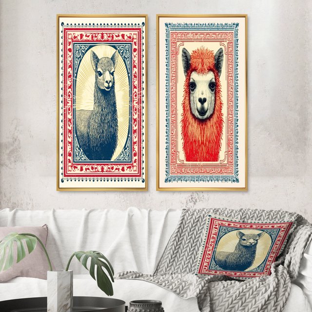 Designart "Retro Stamp Alpaca Portrait Illustration III" Alpaca Framed Wall Art Set Of 2 - Traditional Red Frame Gallery Set For Office Decor