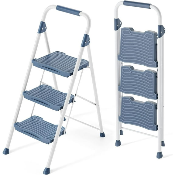3 Step Ladder, 900lbs Sturdy Step Stool with Handrail, Non-Skid Wide Pedals, Foldable 3 Stepladder with Safety Locking for Home, Garage, Garden, Office, Blue