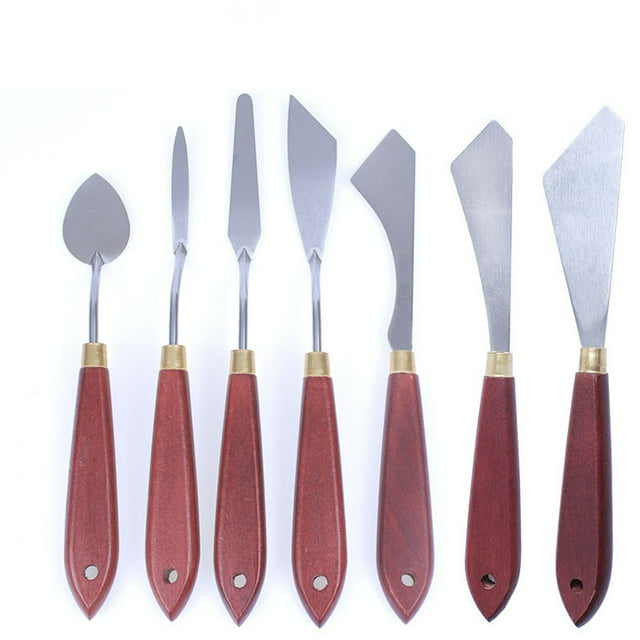 Bewildely Espátula mezcladora de pintura de acero inoxidable resistente con mango de madera, espátula artística, paleta alisadora, rebanador, Herramientas y accesorios para hornear 7 piezas estilo A