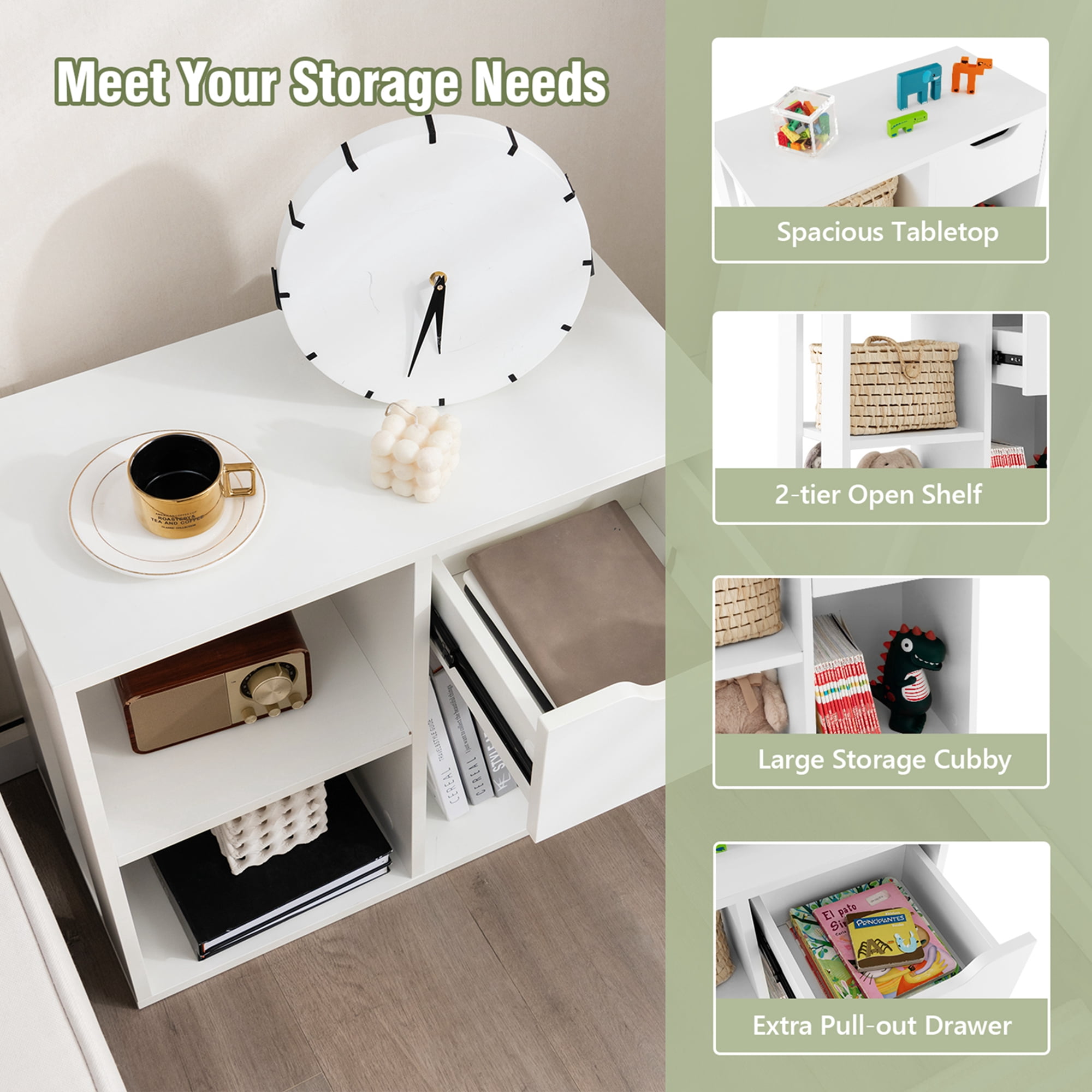 Costway 3-Cube Bookcase Organizer with 2-tier Wooden Storage Shelf & Pull-out Drawer