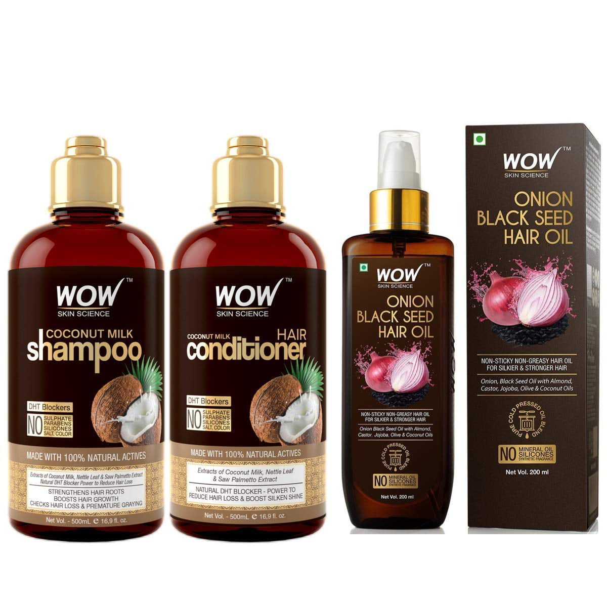 WOW Skin Science Coconut Milk Shampoo and Conditioner 500ml & Onion Hair  Oil 100ml 