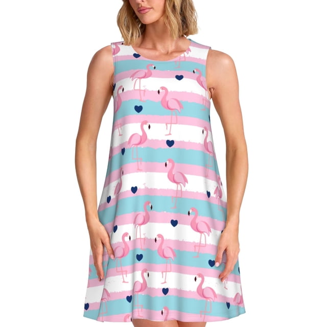 Vsdgher Flamant Rose 1 Imprimé Robes d'Été pour Femmes Décontracté Col en U Robe de Plage Sans Manches Robe Débardeur Ample avec Poche