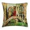 Venice Throw Pillow Cushion Cover, Vintage Artwork Painting Style Historic Venetian Landscape Artistic Print, Decorative Square Accent Pillow Case, 20 X 20 Inches, Green Red Light Brown, by Ambesonne