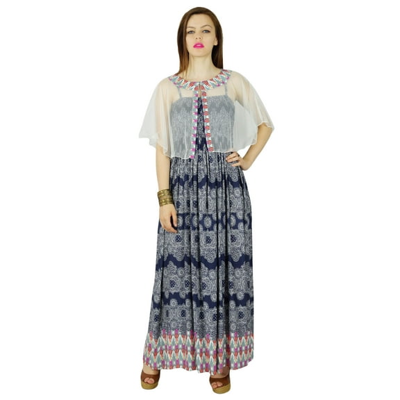 Bimba Long Rayon Flaired Maxi Dress With Smocked Bust & Net Poncho Cape