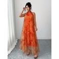 thumbnail image 5 of Orange Floral Mesh Sleeveless High-Neck Tiered Maxi Dress For Women, 5 of 6