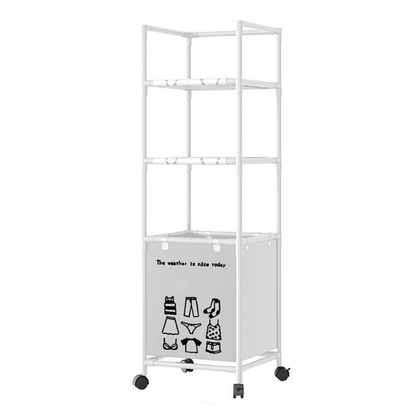 HCBY 3 Tier Bathroom Storage Rack with Laundry Basket White Coated Iron Organizer on Wheels for Towels Plants