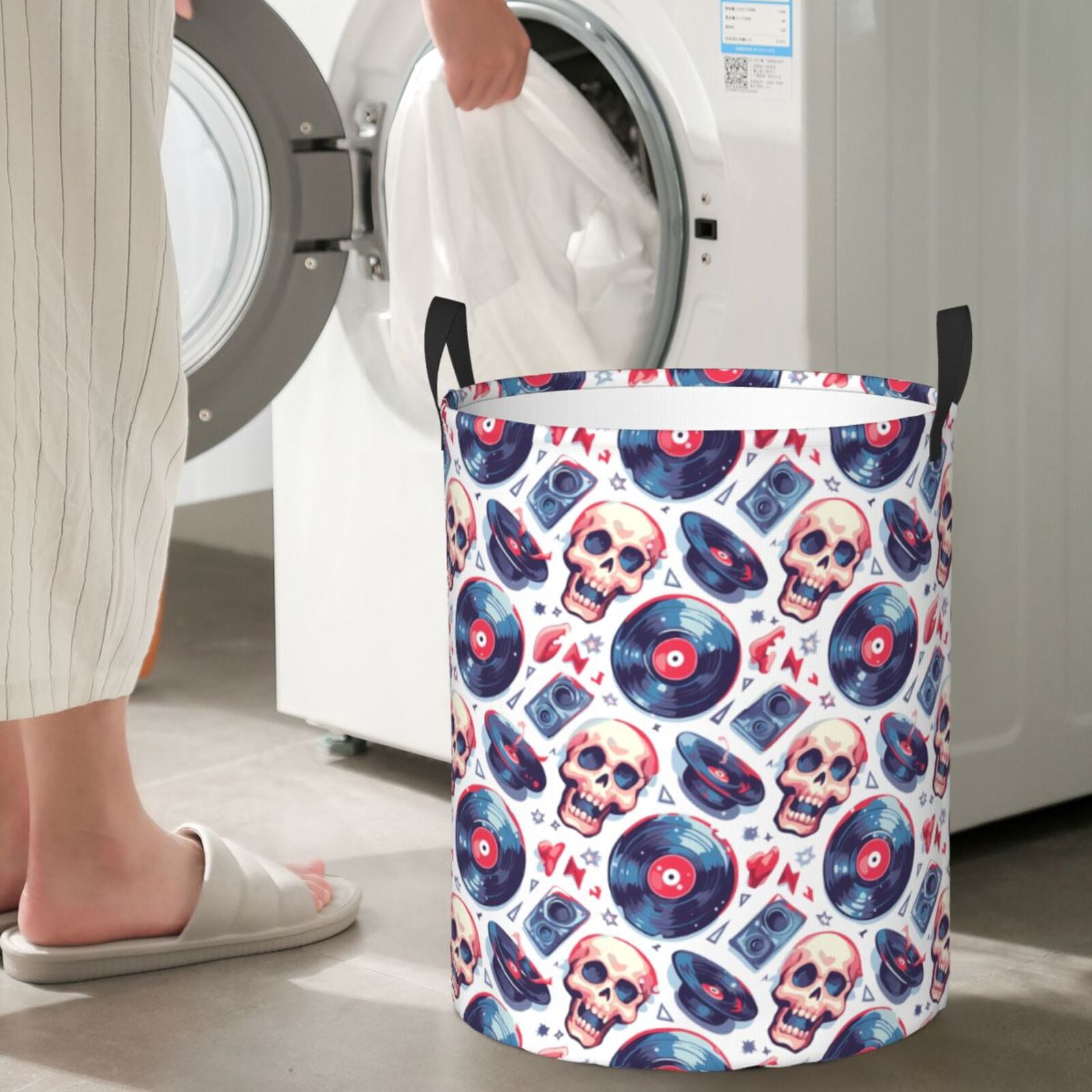 Large Laundry Basket with Handles - record rock music Skull Kids Baby Dirty Clothes Laundry Hamper for Bedroom Aesthetic
