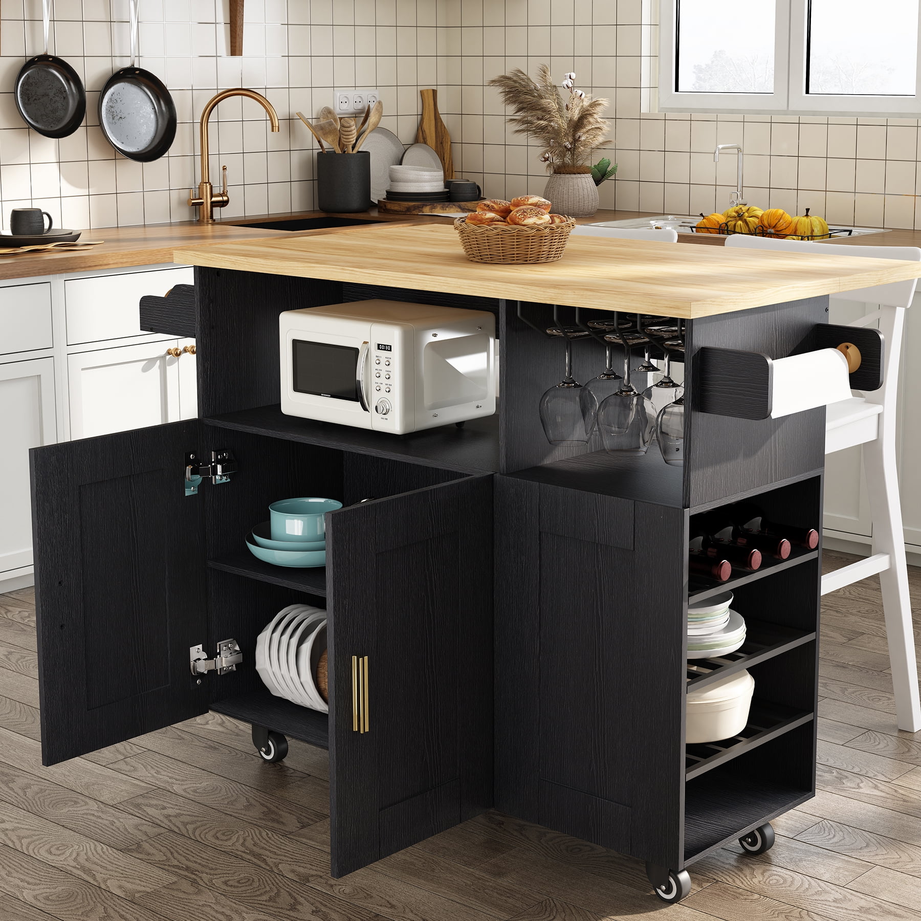 ZOPEND Rolling Mobile Kitchen Island Cart Bar with Desktop Drop Leaf Countertop, Island Cart with 5 Wheels, Power Socket and Towel Rack，Black