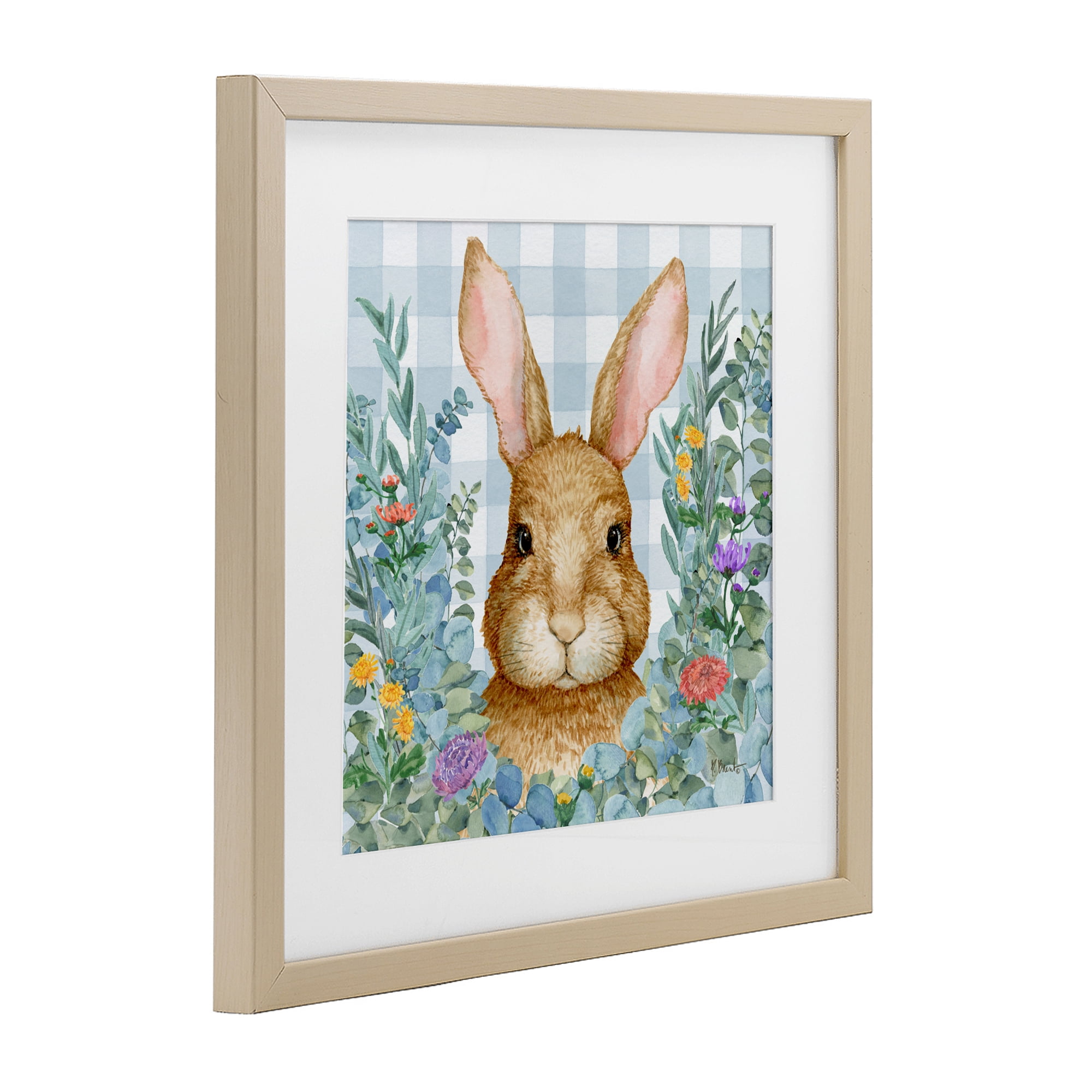Stupell Industries Rabbit Laurel on Gingham Birch Framed Print Under Glass, design by Paul Brent