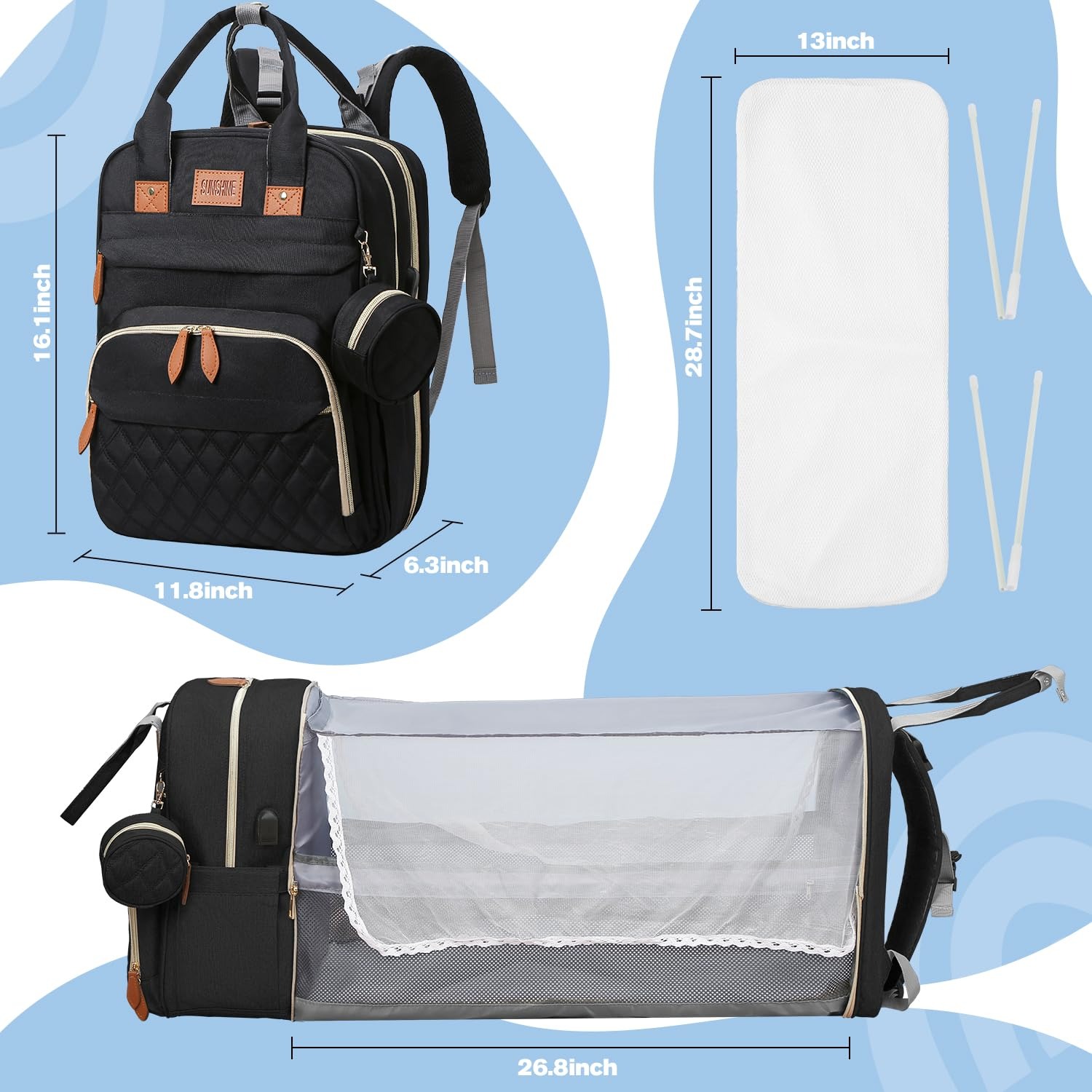 RsenFremior 3 in 1 Diaper Bag Backpack, Foldable Baby Bed Waterproof Travel Bag with USB Charge& Insulated Pockets, Large Unisex Diaper Bag Backpack for Baby