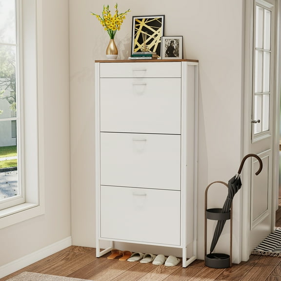 Shoe Storage Cabinet with 3 Flip Drawers and 1 Drawer