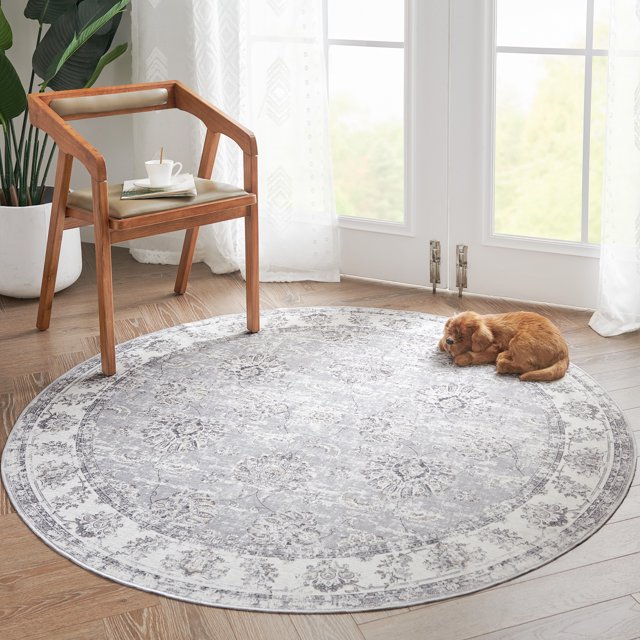 RUGKING Traditional Retro Round Rug 5ft Foldable Gray Circle Rugs for Livingroom Bedroom Non-Slip Distressed Area Rug