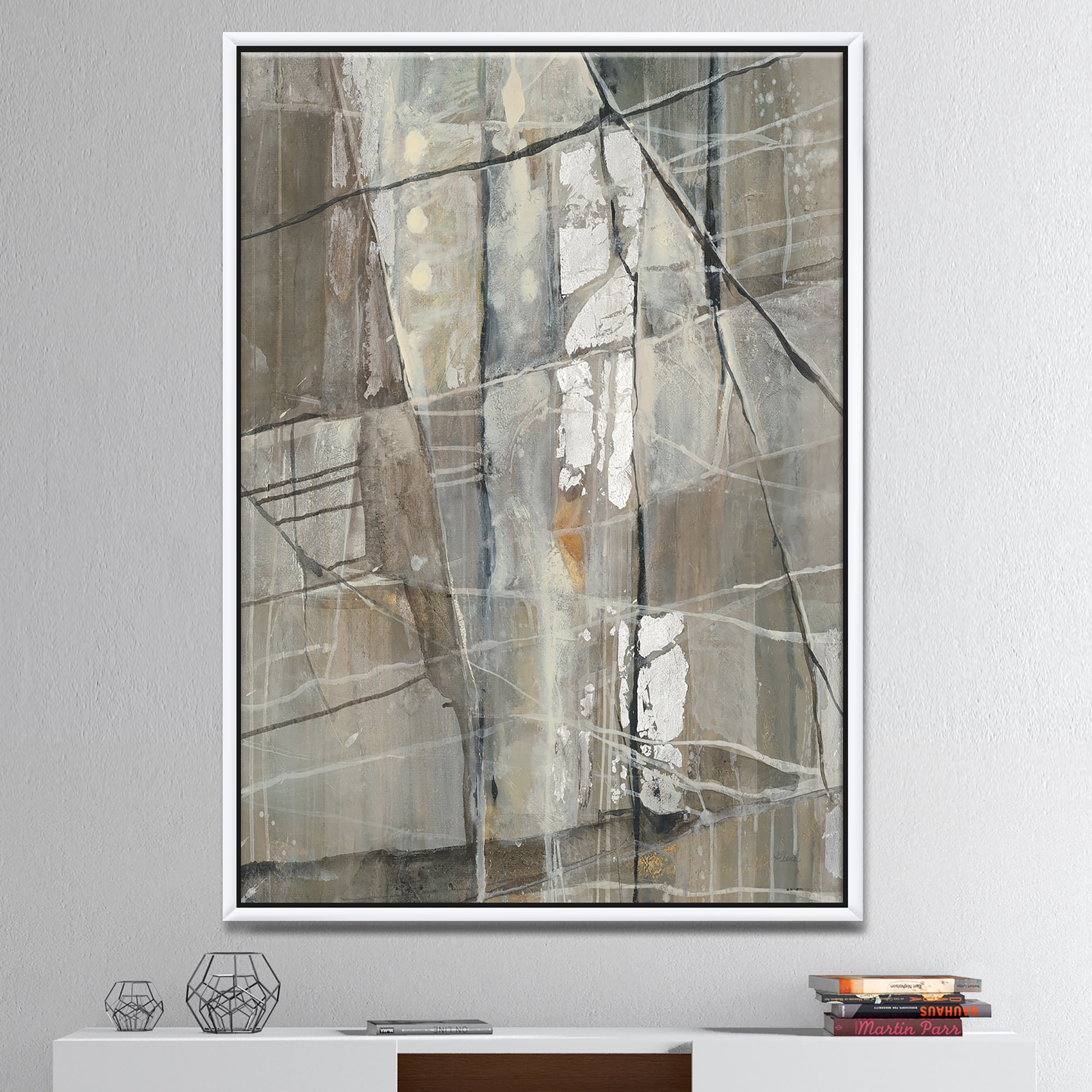 Designart ' Grey Silver Geometric Composition ' Modern Framed Canvas