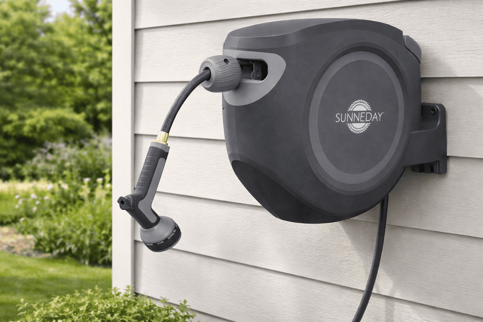 Sunneday 100ft Retractable Hose Reel 5/8 | Automatic Retractable Hose Reel w/Wall Mount | Easy to Assemble Water Hose Reel w/Flexible Swivel Mount | Retractable Garden Hose Reel (100ft.Black/Gray)