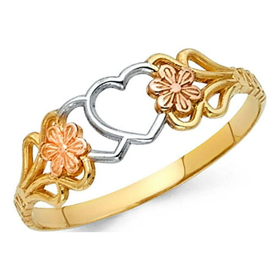 Solid 14k Yellow White Rose Gold Heart Ring with Flowers Love Band Diamond Cut Tri Color 6MM, Size 7