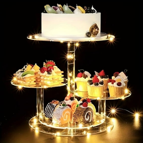 4-Tier Acrylic Cake Stand with LED Lights, Clear Tiered Cupcake Tower Stands Round Dessert Display for Wedding Birthday Party (Yellow Light)