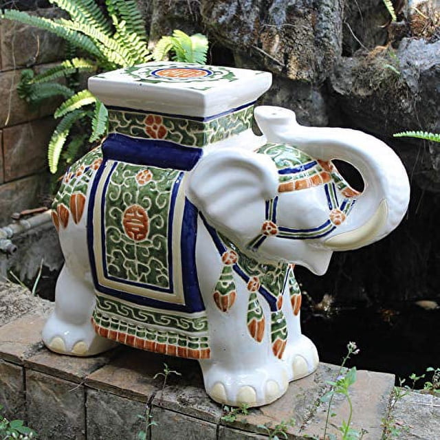 International Caravan VHO16A-C-LG-125 Large Porcelain Elephant Stool - White