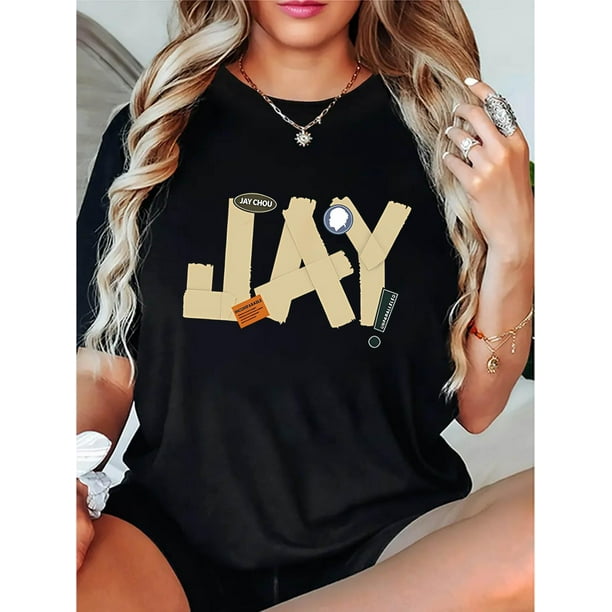 Elegante camiseta negra para mujer con estampado "JAY!" - Manga corta informal, cómoda camiseta de verano, algodón, lavable a máquina, cuello redondo, ideal para cualquier temporada, ideal para el tie