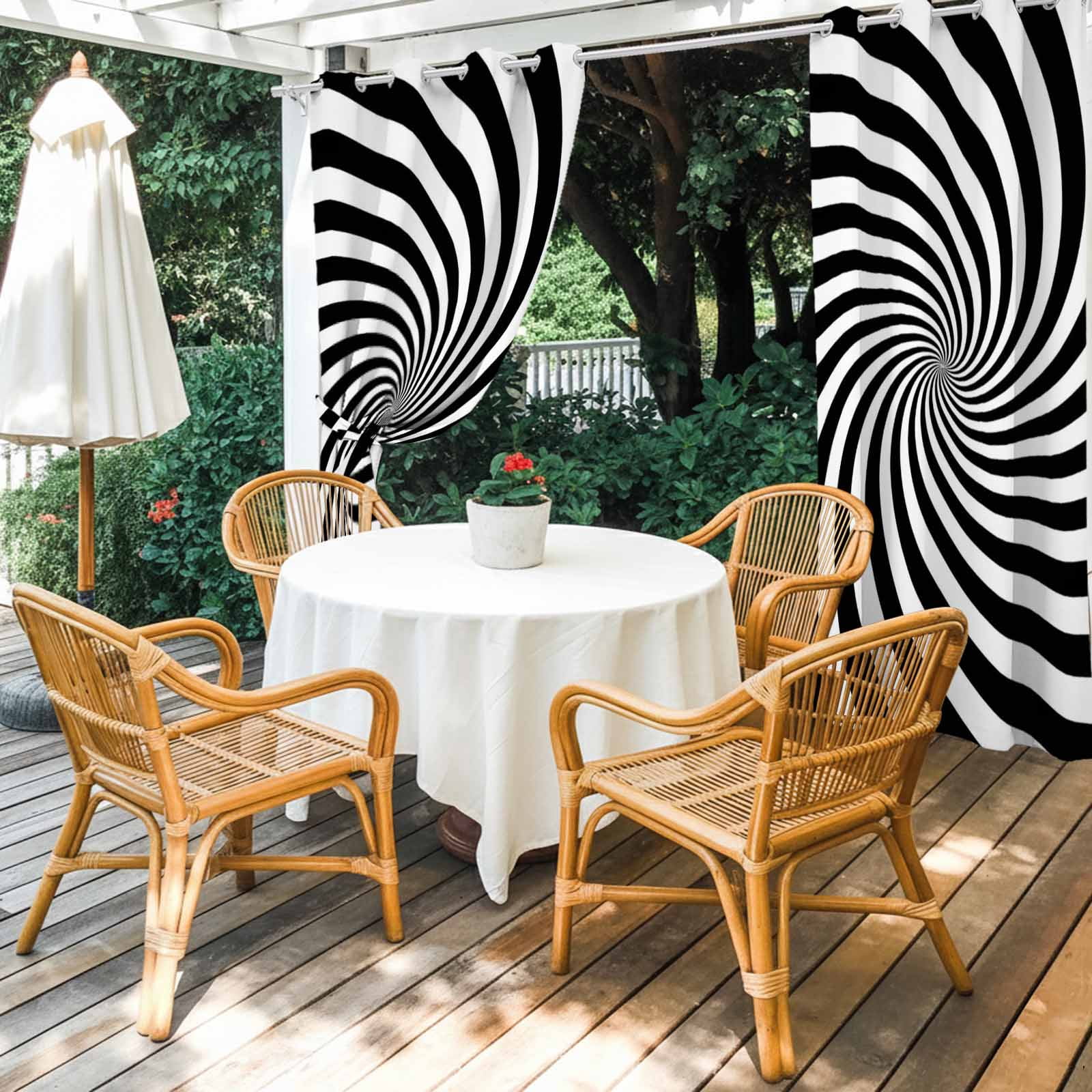 Abstract Swirl Lines Outdoor Curtains for Patio, 3D Black White Minimalist Dynamic Swirl Lines Sunshade Privacy Drapes Grommet Waterproof Outside Curtains for Porch/Cabana/Balcony 54"x 108", 1 Panel