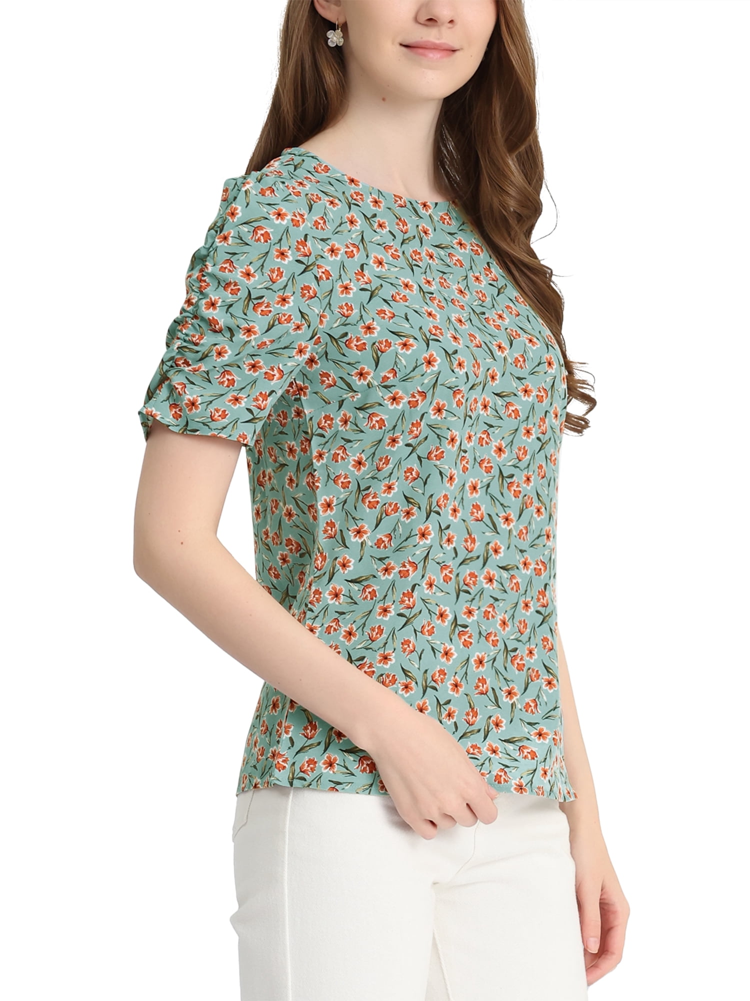 DARING DIVA Floral Crew Neck Shirred Short Sleeve Casual Top XL Teal
