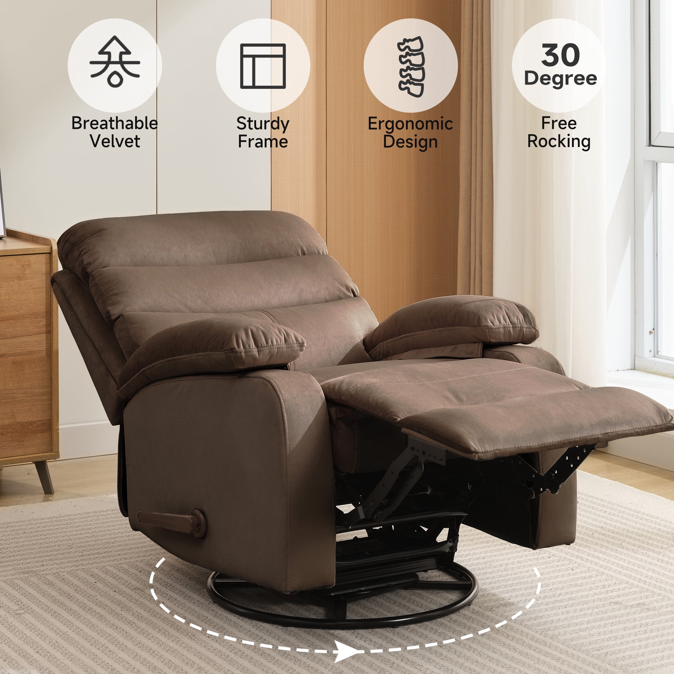 Manual Swivel Rocker Recliner for Small Spaces, Swivel Rocker Recliner Chair Small Rocker Recliner Chair for Living Room, RV, Nursery, Bedroom, Dark Brown
