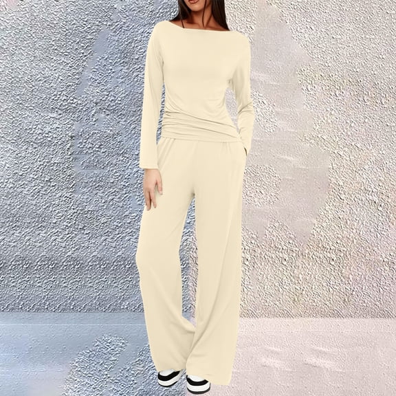 Two Piece Set for Women, Long Sleeve Off Shoulder Top with Pleated Detail and Wide Leg Pants, Casual Matching Loungewear Set, Soft Rayon Blend Outfit for Travel, Lounge and Daily Wear Beige