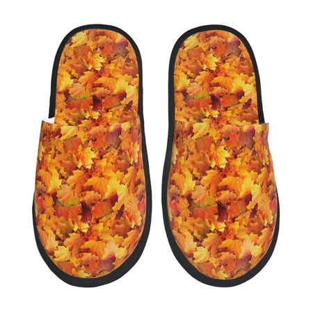 Balery Autumn Maple Leaf Pile Slient Indoor Furry Fleece Comfort House Shoes Soft Non-Slip Home Shoes Cotton slippers House Slippers-- Large