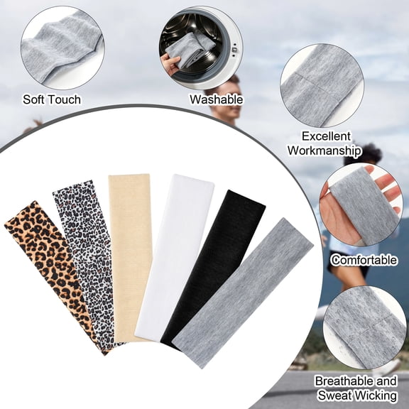 QAEECMA 6Pcs Leopard Headband, Fashion Thick Cheetah Print White Black Grey Buff Headbands, Non Slip Trendy Soft Stretchy Wide Sweat Cloth Hair Bands Accessories for Workout Yoga Gym Sports