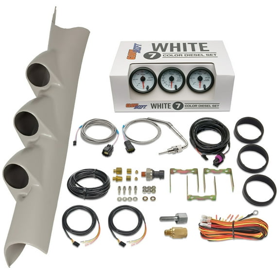 GlowShift | 2010-2018 Dodge Ram 6.7 Cummins Taupe Triple Gauge Pillar Pod with White 7 Color Series 60 PSI Boost Gauge, 1500F Pyrometer EGT Gauge & 30 PSI Fuel Pressure Gauge