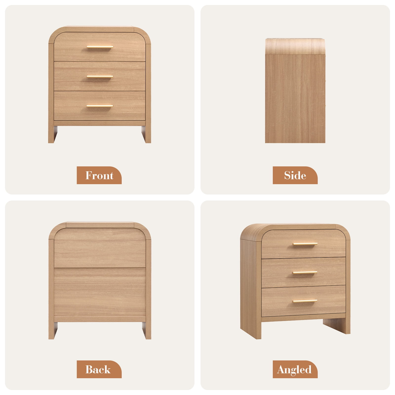 Vintagearth Nightstand Set of 2, 26.7" Tall Modern Curved Bedside Table, FSC-Certified Wood End Table, 3 Drawer Storage, Oak