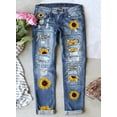Dokotoo Women's Sunflower Printed Denim Pants Mid Waist Jeans Patch Ripped Trousers Destroyed
