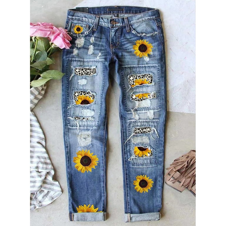 Dokotoo Women's Straight Leg Jeans Sunflower Printed Denim Pants Mid Waist  Jeans Patch Ripped Trousers Destroyed Pants Stretch Jeans for Female, Us