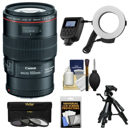 Canon EF 100mm f/2.8 L IS Macro USM Lens with Ringlight + Tripod + 3 Filters Kit for EOS 6D, 70D, 7D, 5DS, 5D Mark II III, Rebel T5, T5i, T6i, (Best Macro Lens For Canon Eos 70d)