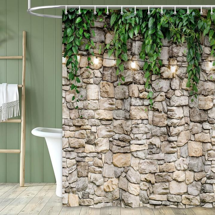 Stone Brick Wall Shower Curtain, Green Leaves Shower Curtain Set for Bathroom, Vintage 3D Vine with Lights Fabric Shower Curtain Restroom Bathtub Decor Accessories with Hooks 72X 75 inch