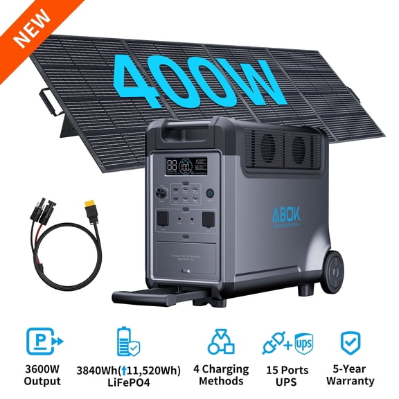 ABOK Ark3600 400W Solar Kit–3600W 3840Wh LiFePO4 Power Station with 400W Panel for Hurricane Prep, Home Blackouts & Off-Grid