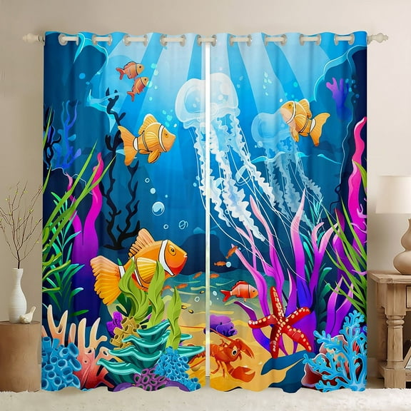 Erosebridal Ocean Jellyfish Curtains for Living Room (38Wx45L),Underwater World 30%-50% Blackout Curtains Set of 2 (38x45),Sea Animal Curtains and Drapes,Marine Room Decoration