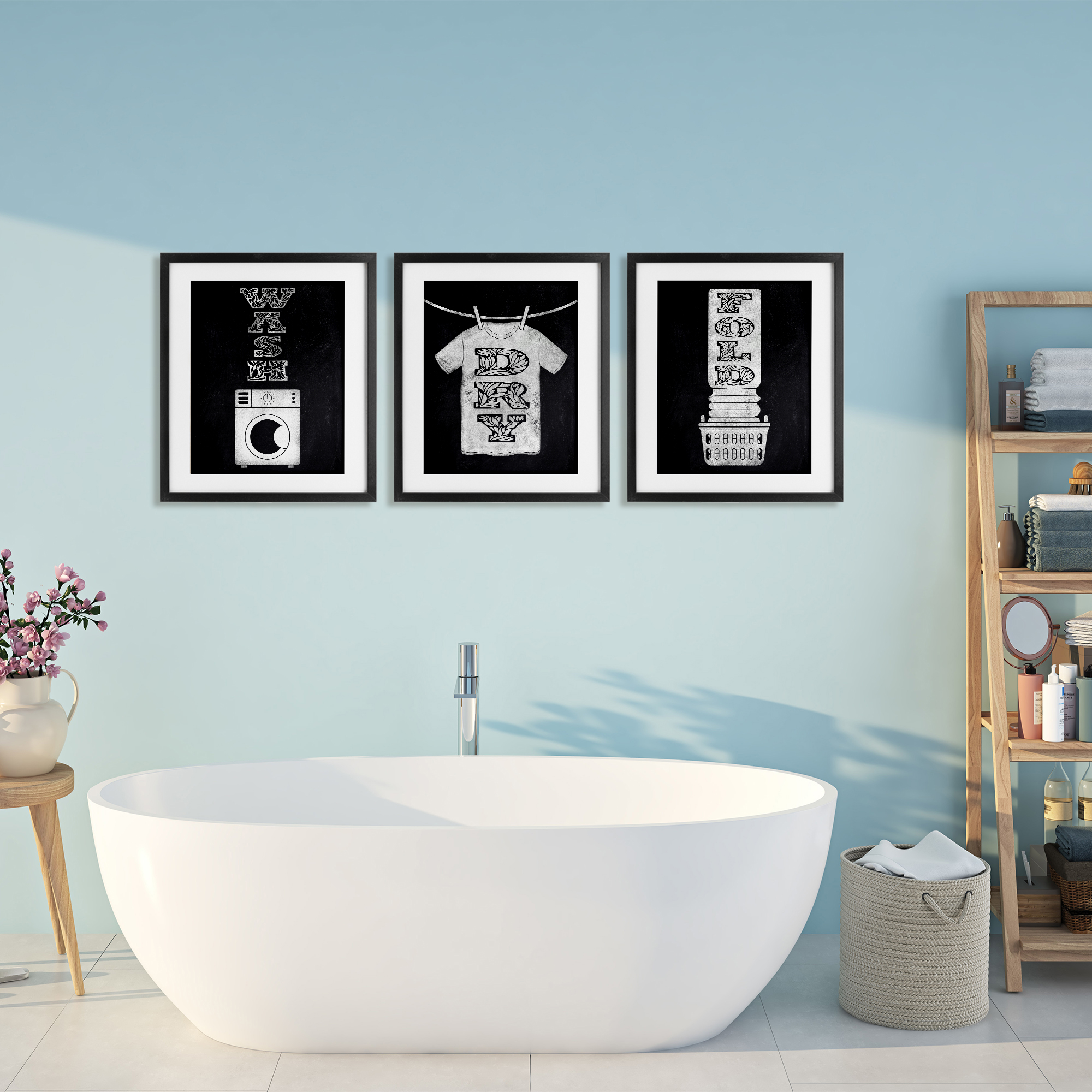 Wash & Dry Ornate Letters 3 Piece Black Framed Print Under Glass Set, design by Marcus Prime