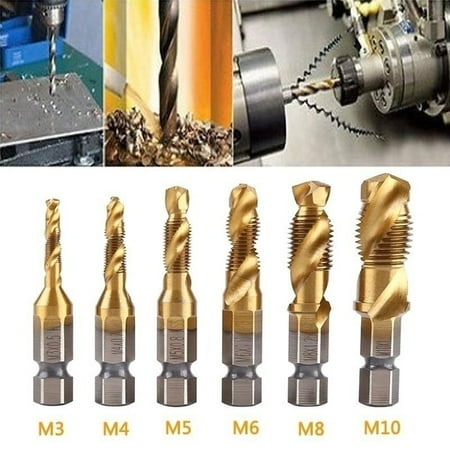 

Zerodis Tapping Tool 6pcs Metric Thread M3-M10 Titanium Coated HSS Drill and Tap Bits 1/4 Hex Shank